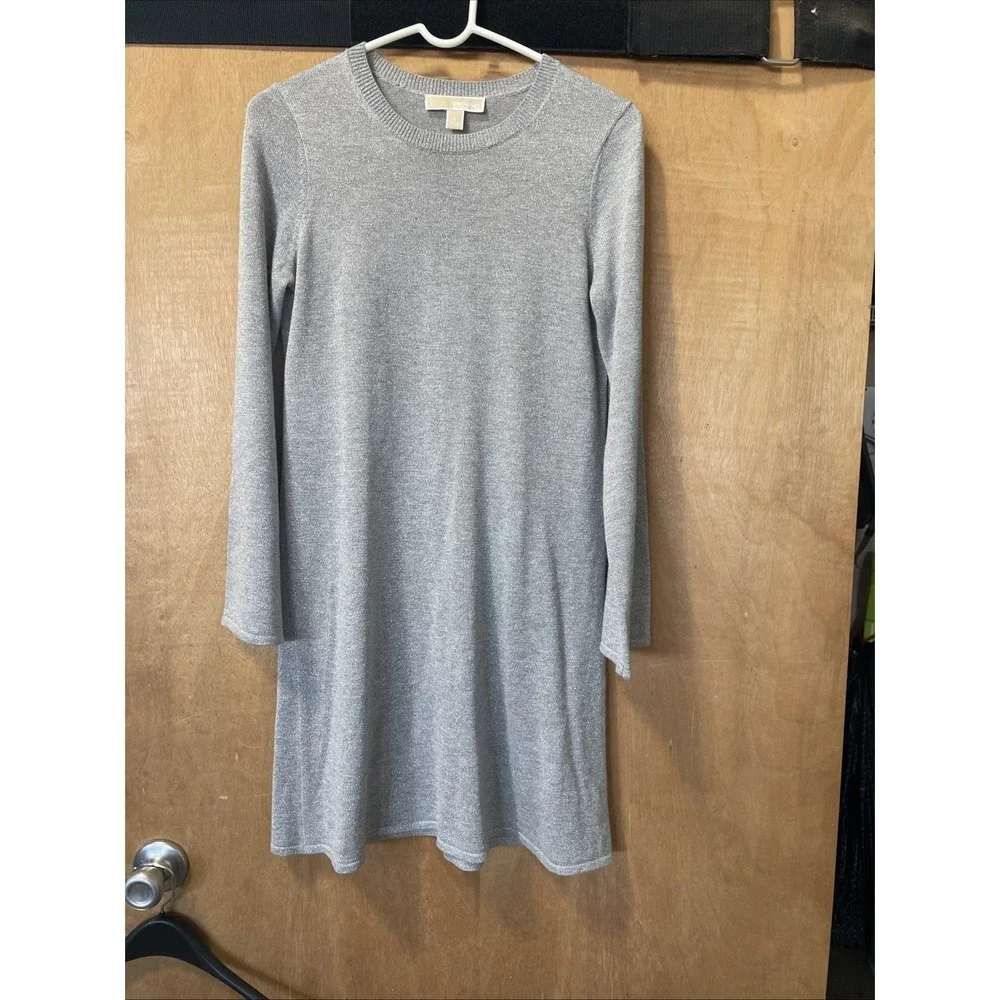 Michael Kors Silver‎ Sparkle Sweater Dress Size Small Flared Sleeves And Hem